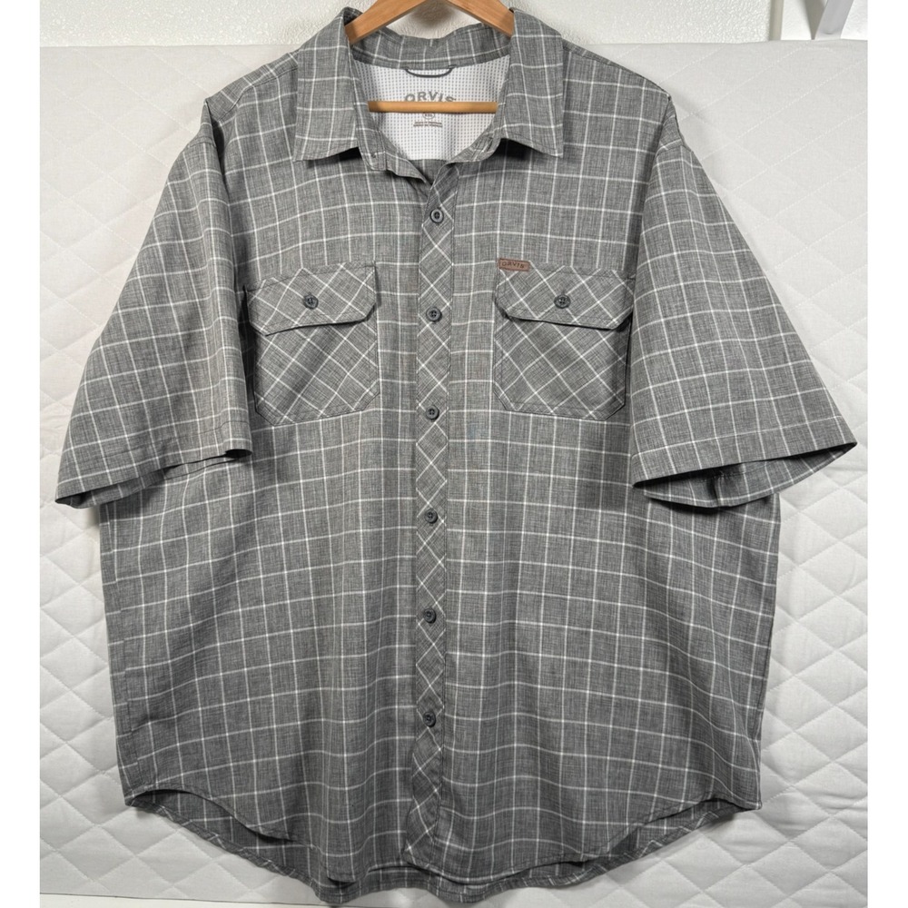 Orvis Shirt Mens‎ 2XL Gray Grid Button Up Short Sleeve Fishing Hiking Outdoors